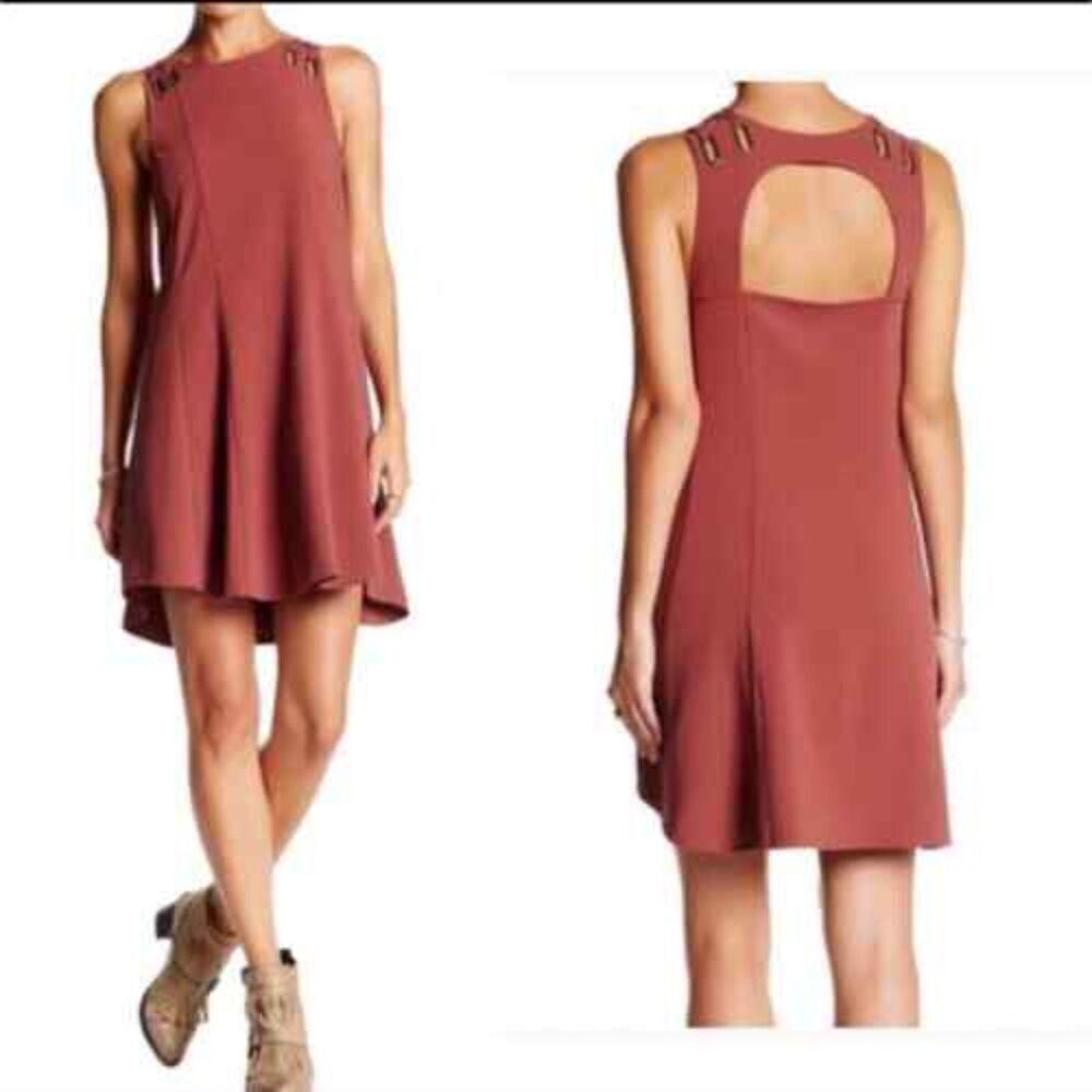 FREE PEOPLE Brick Red Baby Love Boho Cut Out Trapeze Swing Mini Dress Size XS